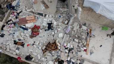 A building destroyed in the aftermath of a counter-terrorism mission conducted by the U.S. Special Operations Forces is seen in Atmeh