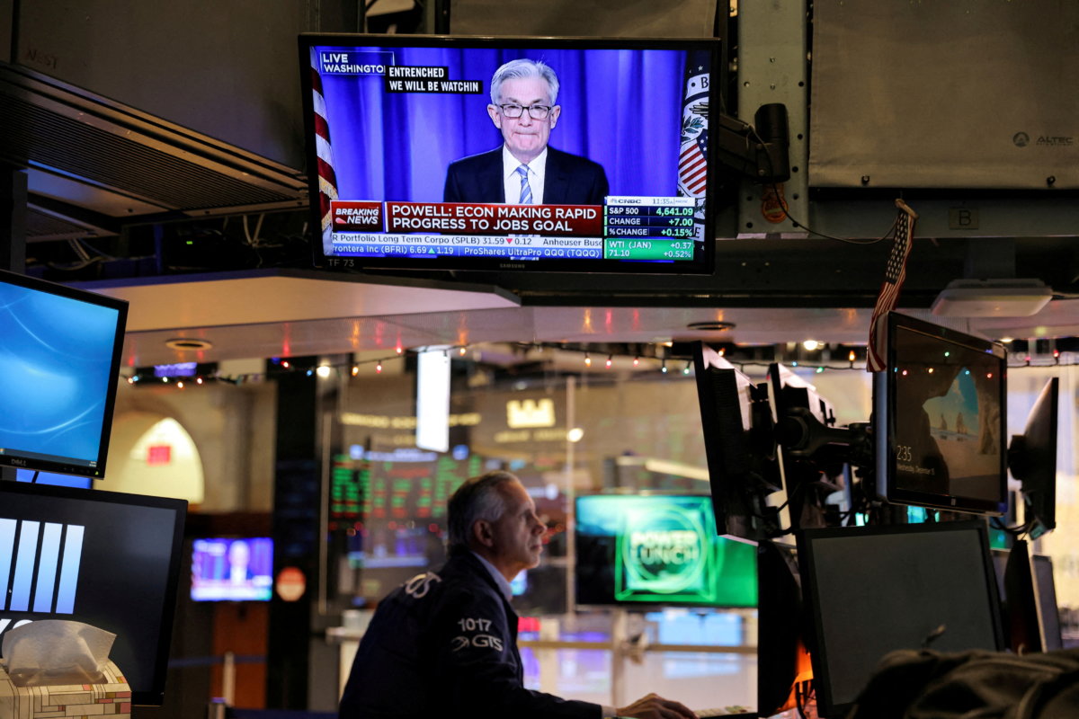 FILE PHOTO: Federal Reserve Chair Jerome Powell is seen delivering remarks on screen at the New York Stock Exchange (NYSE) in Manhattan