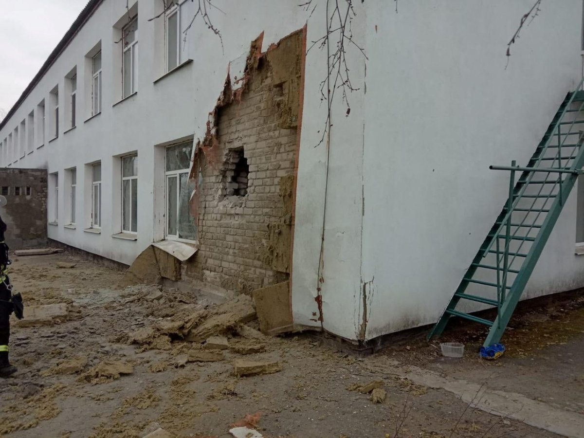 A view shows a damaged kindergarten in Stanytsia Luhanska
