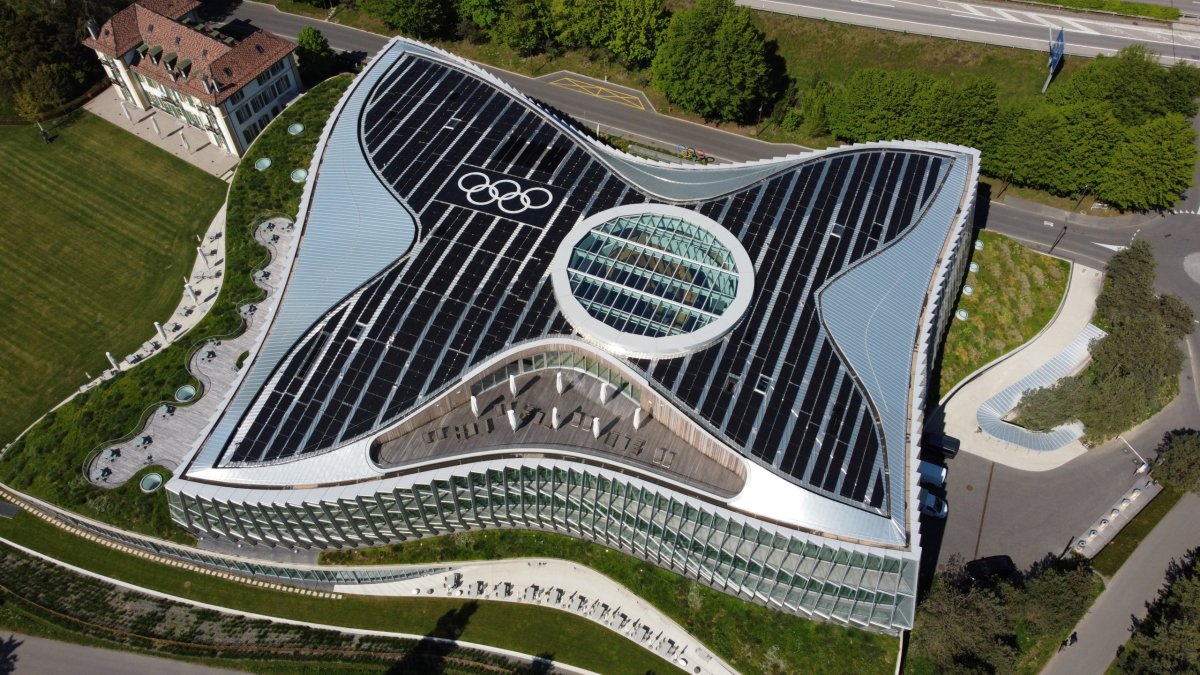 FILE PHOTO: The Olympic rings are pictured on top of the IOC headquarters in Lausanne