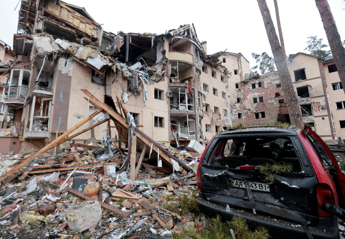 A view shows a residential building destroyed by recent shelling in Irpin