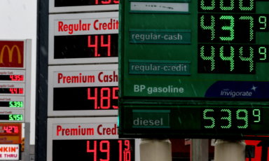FILE PHOTO: Gasoline prices are displayed at gas stations in Jersey City, New Jersey