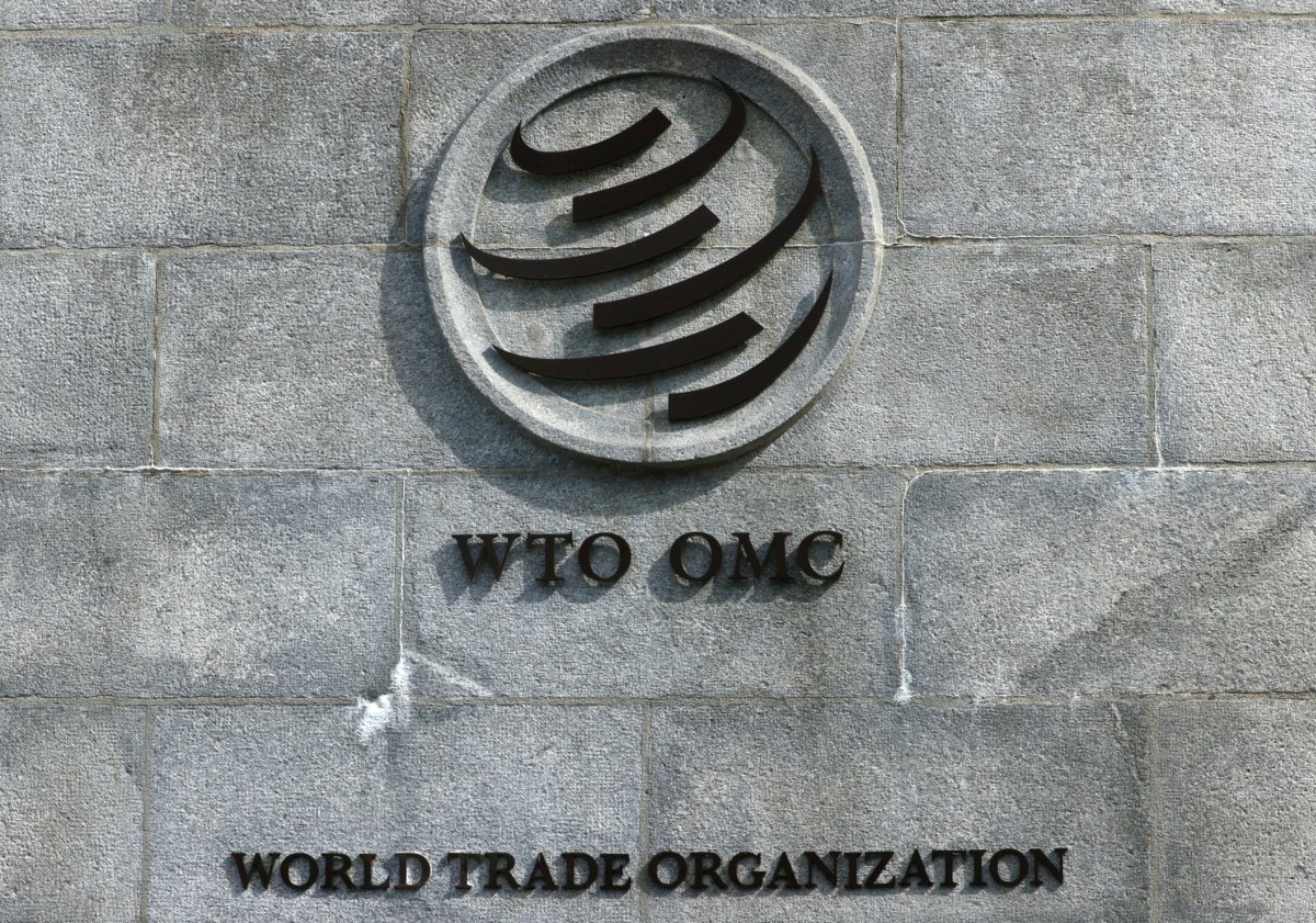 A logo is pictured outside the World Trade Organisation (WTO) in Geneva