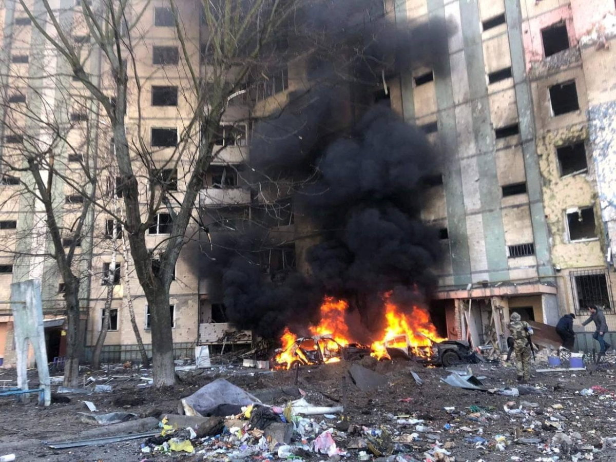 A view shows a residential building damaged by an airstrike in Kyiv