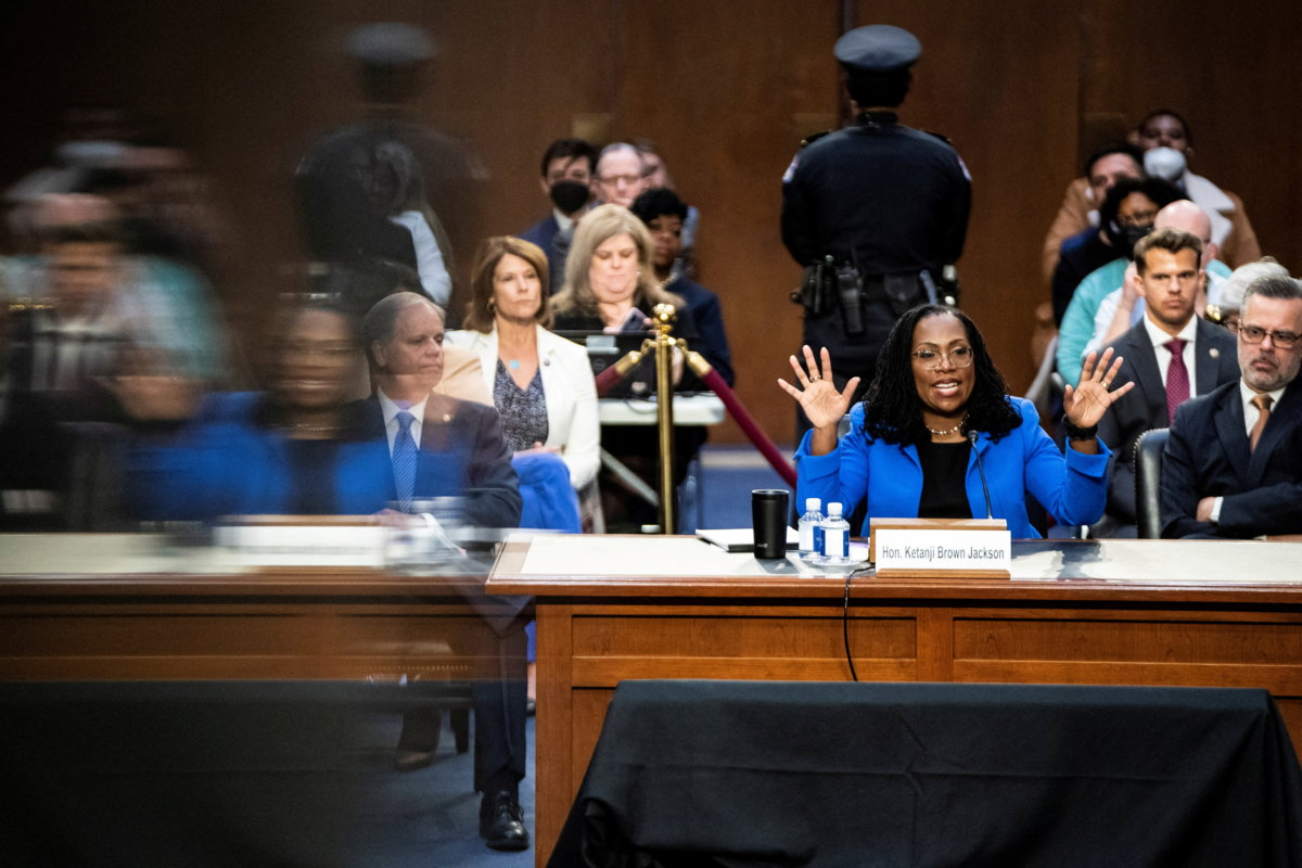 FILE PHOTO: U.S. Supreme Court nominee Judge Ketanji Brown Jackson testifies on the third day of her confirmation hearing before the Senate Judiciary Committee on Capitol Hill, in Washington