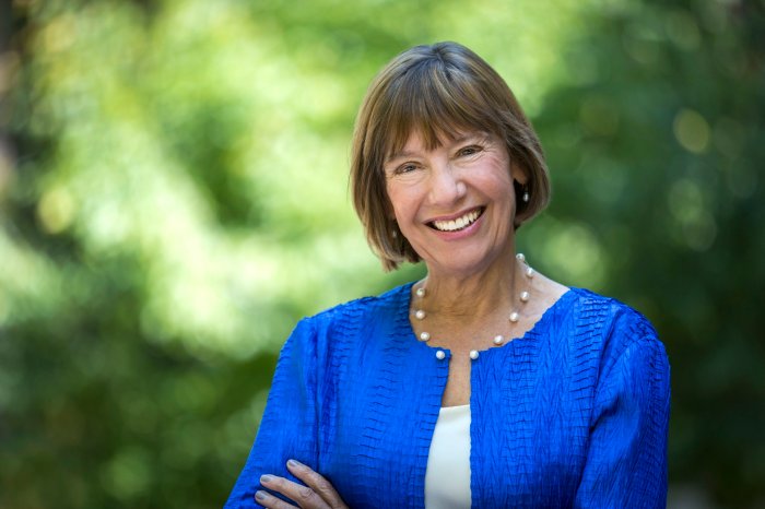 Penn GSE Dean Pam Grossman in an outdoor portrait on Locust Walk in the summer.