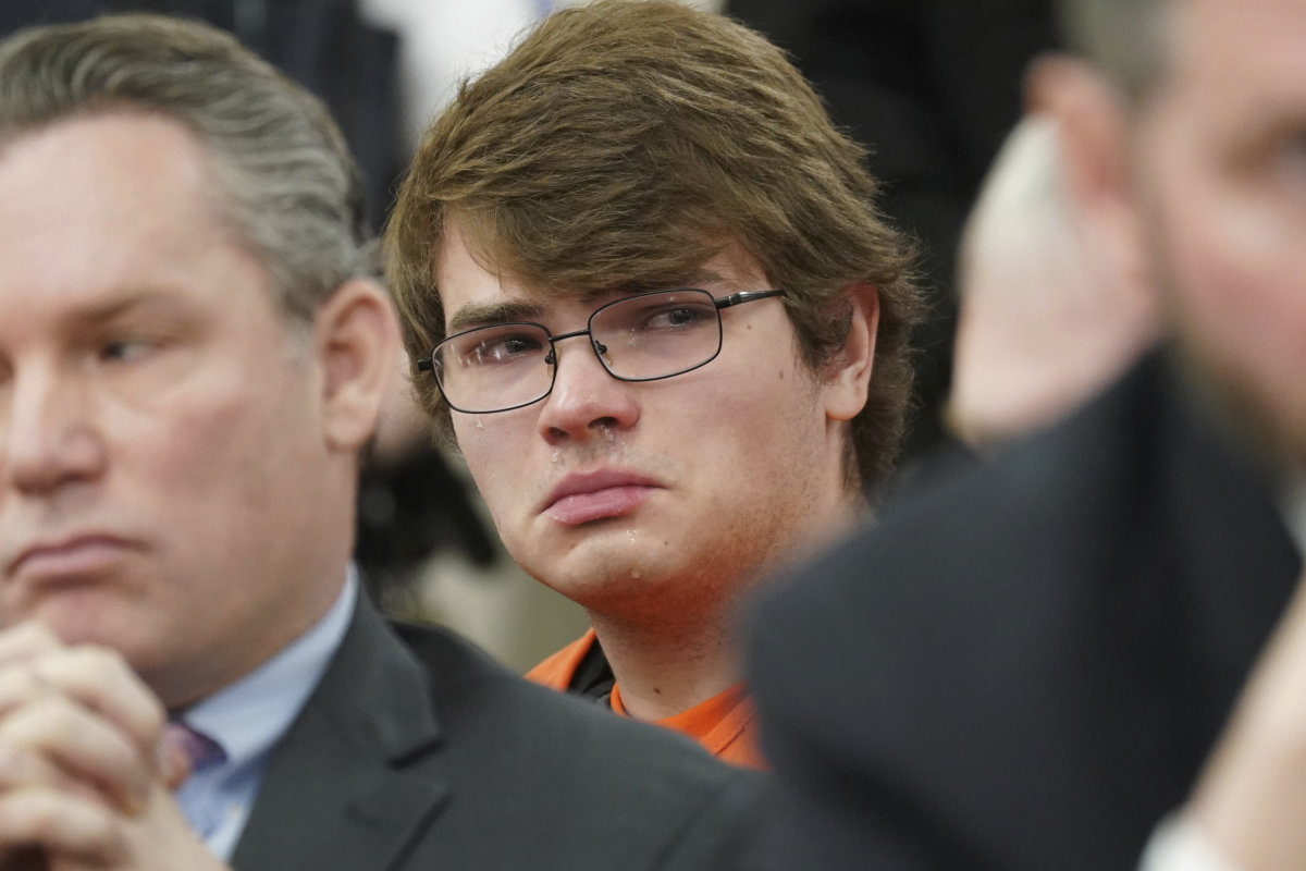 White supremacist Payton Gendron sheds tears as he listens to impact statements during his sentencing for charges including murder and domestic terrorism motivated by hate in an Erie County court room in Buffalo, N.Y., on Wednesday, Feb 15, 2023.