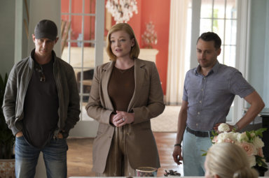 This image released by HBO shows, from left, Jeremy Strong, Sarah Snook and Kieran Culkin in a scene from the fourth season of "Succession."