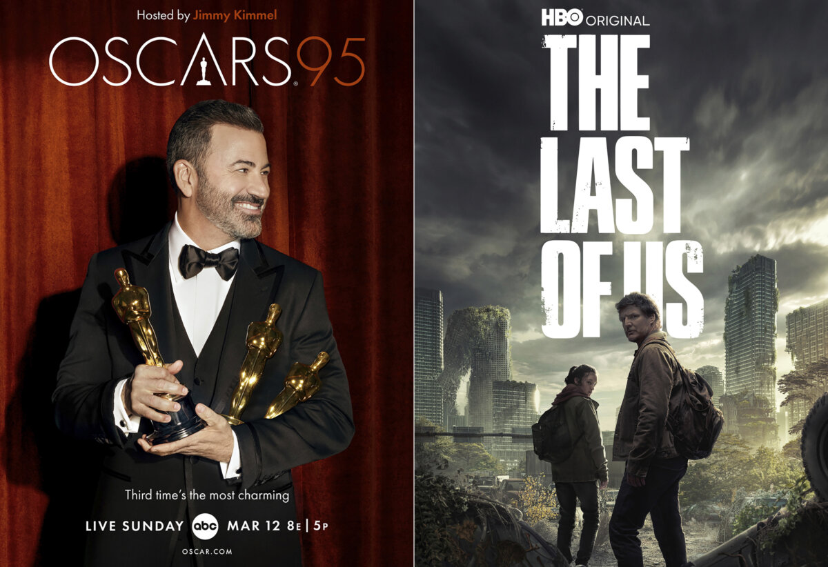 This combination of photos shows promotional art for the 95th Academy Awards, airing Sunday on ABC, left, and the HBO series "The Last of Us, airing Sunday on HBO.