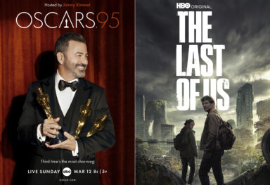 This combination of photos shows promotional art for the 95th Academy Awards, airing Sunday on ABC, left, and the HBO series "The Last of Us, airing Sunday on HBO.