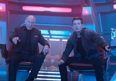This image released by Paramount+ shows Patrick Stewart as Picard, left, and Ed Speleers as Jack Crusher in the "No Win Scenario" episode of "Star Trek: Picard."