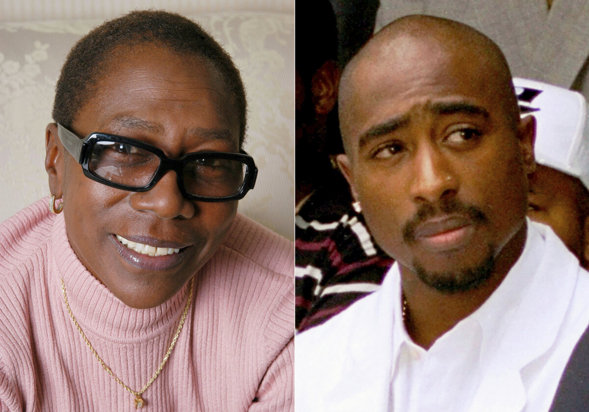 This combination of photos shows Afeni Shakur in New York, Oct. 23, 2003, left, and rapper Tupac Shakur at a voter registration event in South Central Los Angeles on Aug. 15, 1996.