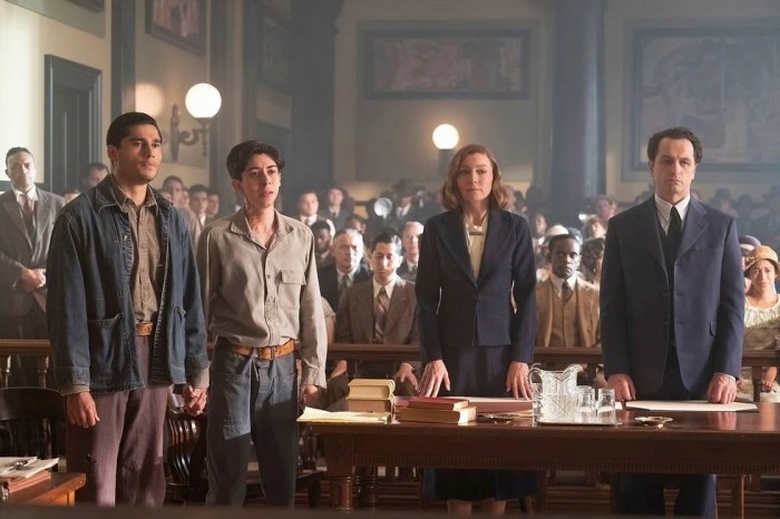 This image released by HBO Max shows Peter Mendoza, from left, Fabrizio Guido, Juliet Rylance and Matthew Rhys in a scene from "Perry Mason."