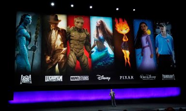 Tony Chambers, the head of theatrical distribution for Disney Entertainment, addresses the audience during the Walt Disney Studios presentation at CinemaCon 2023