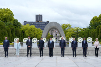 President Joe Biden, fourth right, and other G7 leaders pose for a photo during a visit to the Hiroshima Peace Memorial Park in Hiroshima, Japan,
