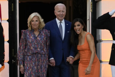 President Joe Biden walks with first lady Jill Biden and Eva Longoria to speak before a screening of the film "Flamin' Hot," Thursday, June 15, 2023