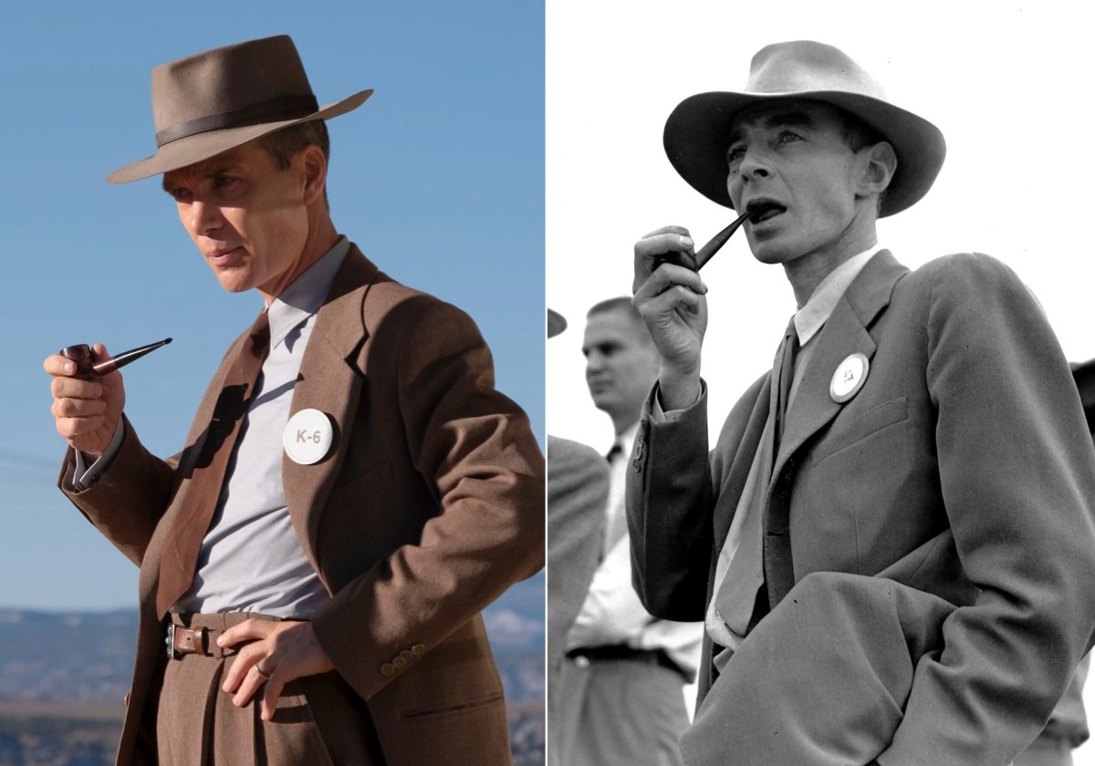 This image released by Universal Pictures shows Cillian Murphy as Dr. J. Robert Oppenheimer in a scene from "Oppenheimer," left, and physicist Dr. J. Robert Oppenheimer on the test ground for the atomic bomb near Alamogordo, N.M., on Sept. 9, 1945.