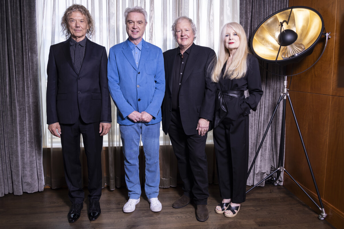 Jerry Harrison, from left, David Byrne, Chris Frantz and Tina Weymouth, of the band Talking Heads pose for a portrait to promote the film "Stop Making Sense" during the Toronto International Film Festival, Monday, Sept. 11, 2023, in Toronto.