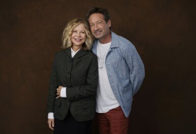 Actor-director Meg Ryan, left, poses with co-star David Duchovny at the Four Seasons Hotel in Los Angeles on Wednesday, Oct. 25, 2023, to promote their film "What Happens Later.