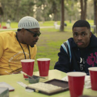 This image released by Netflix shows Kareem Grimes as Uncle Mike and Vince Staples as Vince Staples in an episode of "The Vince Staples Show."