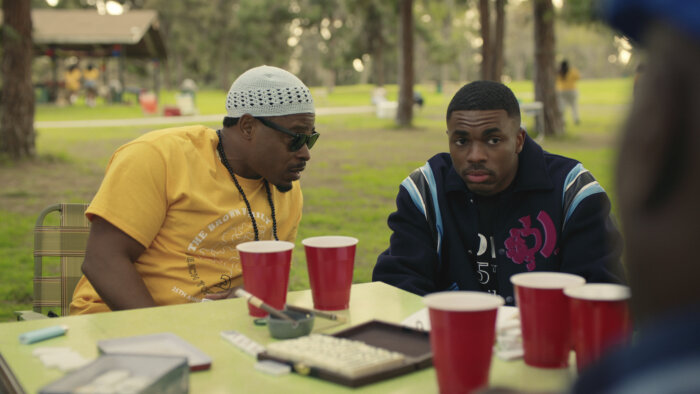This image released by Netflix shows Kareem Grimes as Uncle Mike and Vince Staples as Vince Staples in an episode of "The Vince Staples Show."