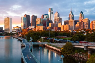 Schuylkill Banks Boardwalk, Sunset, Philadelphia, Skyline, Pennsylvania, America